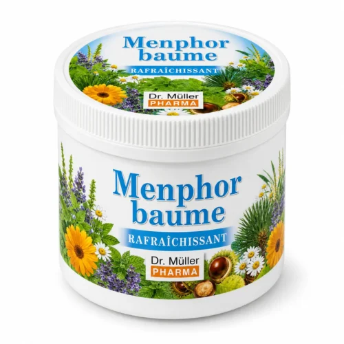 Accueil Menphor Baume Rafraîchissant Dr. Müller Pharma, baume musculaire effet froid aux extraits de plantes pour massage des jambes et muscles fatigués.