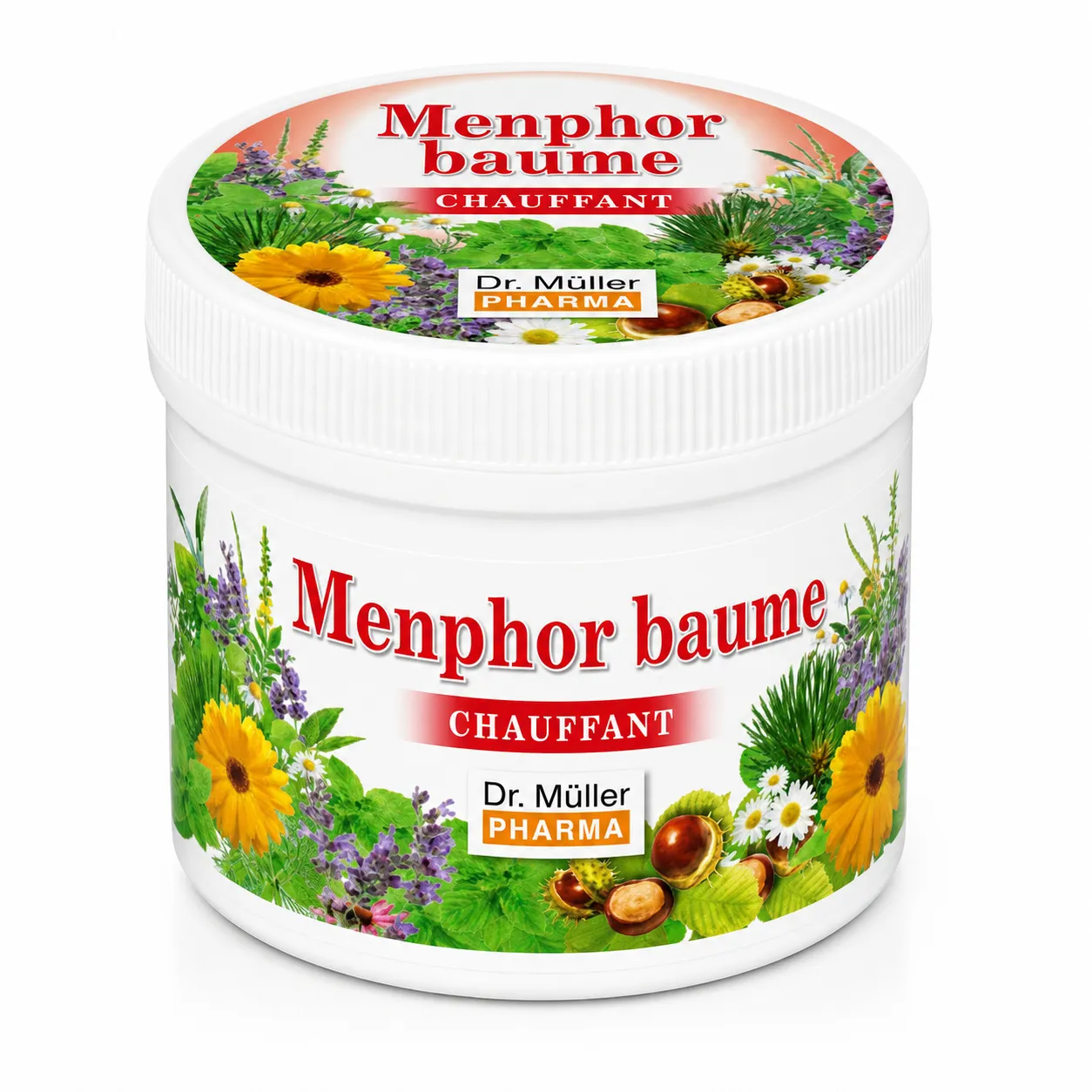 Menphor Chauffant Baume Menphor baume chauffant Dr. Müller Pharma aux extraits de plantes, présenté en pot blanc pour le massage musculaire après l’effort.