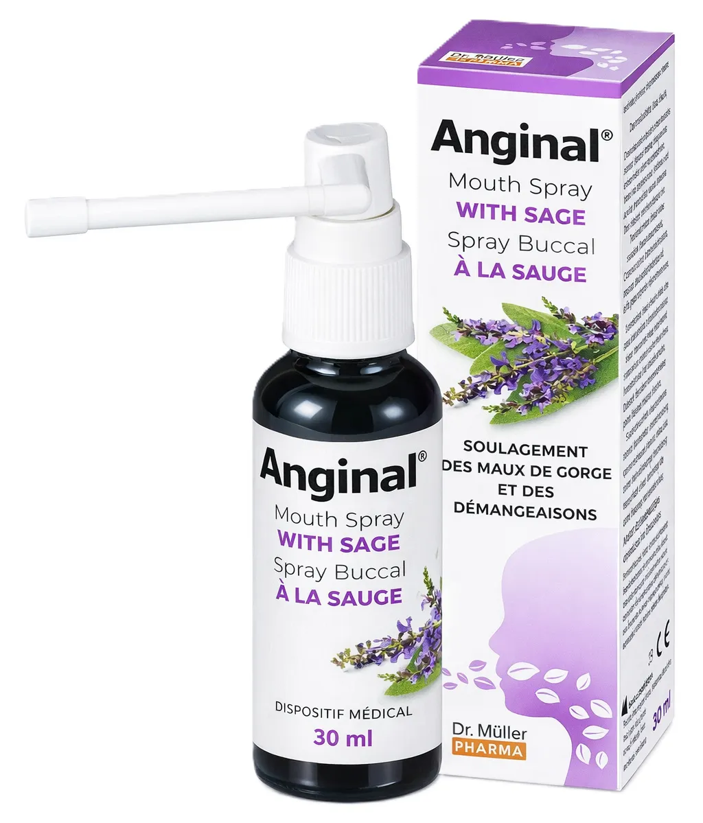 Anginal spray gorge et buccal à la sauge 30 ml avec flacon et boîte Dr. Müller Pharma