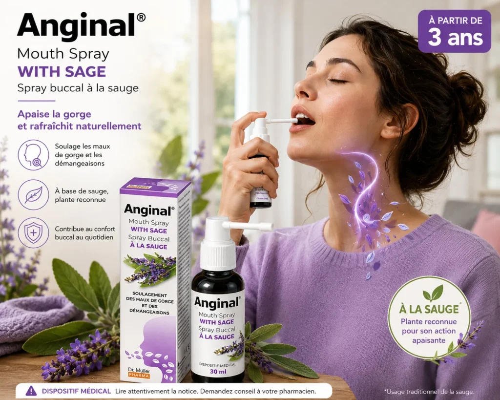 Anginal spray gorge à la sauge utilisé pour apaiser la gorge et rafraîchir naturellement dès 3 ans