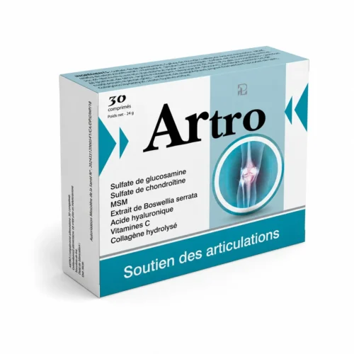 ARTRO complément alimentaire pour les articulations en boîte de 30 comprimés, avec glucosamine, chondroïtine, MSM, Boswellia serrata, vitamine C, collagène hydrolysé et acide hyaluronique.
