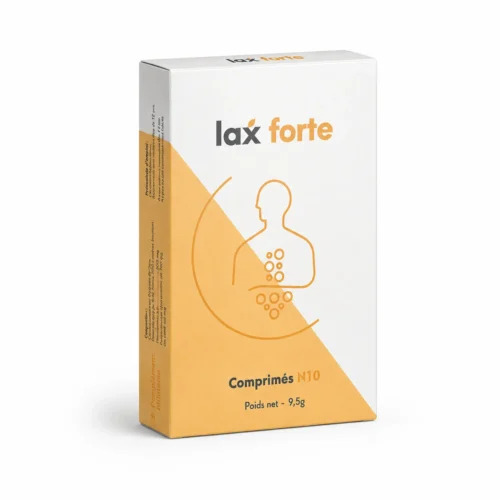 LAXFORTE Comprimés N10, boîte de complément alimentaire pour le transit intestinal, présentée sur fond blanc en image produit carrée.