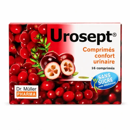 Urosept Comprimés Dr. Müller Pharma, complément alimentaire sans sucre à base de canneberge pour le confort urinaire, boîte de 16 comprimés.