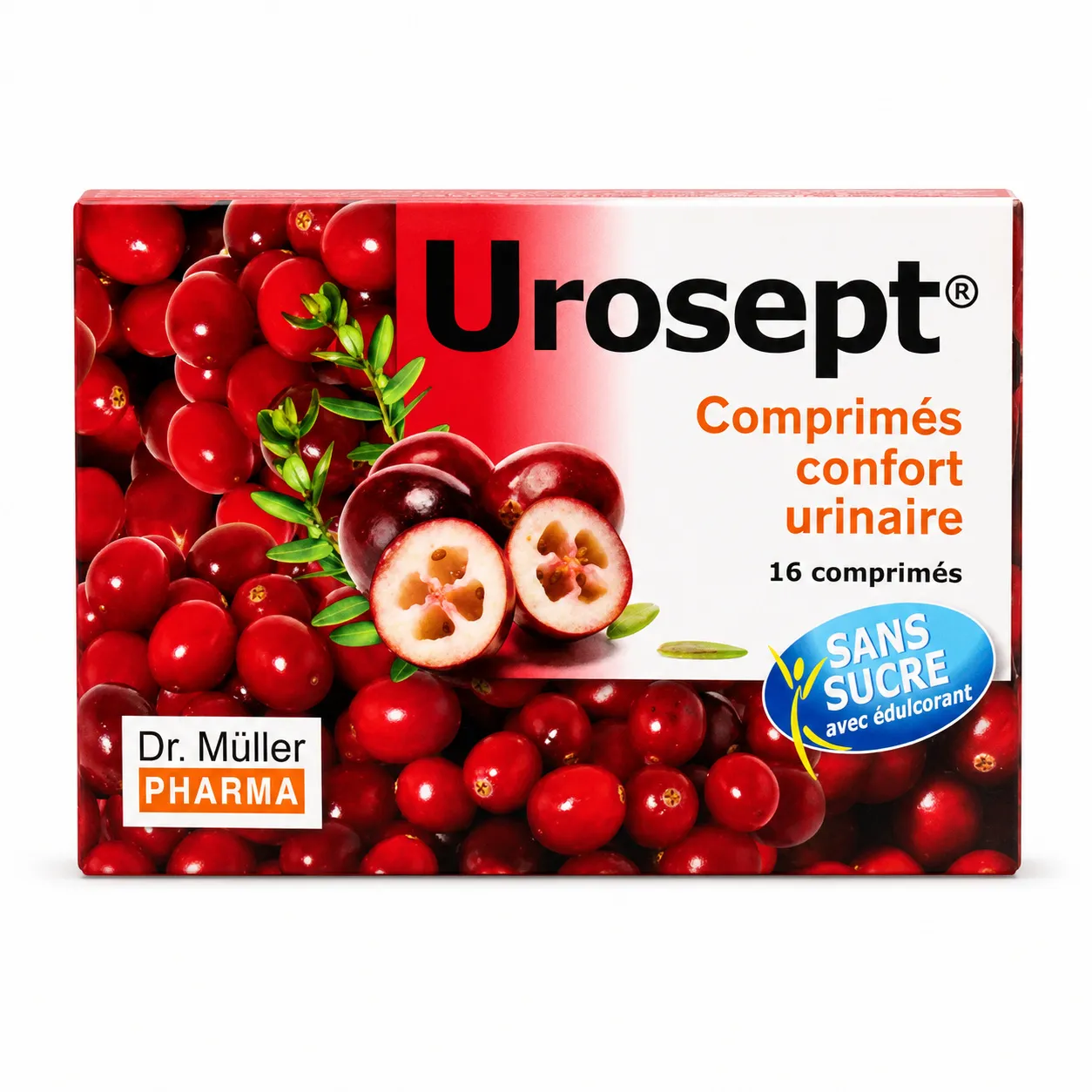 UROSEPT COMPRIMES Confort Urinaire Canneberge Urosept Comprimés Dr. Müller Pharma, complément alimentaire sans sucre à base de canneberge pour le confort urinaire, boîte de 16 comprimés.
