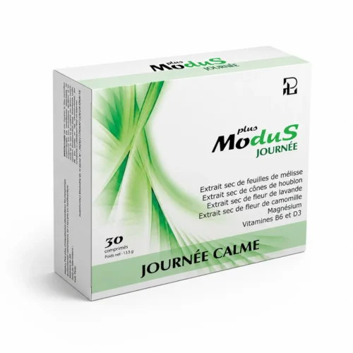 Boîte Modus Journée Plus, complément alimentaire fatigue et stress, 30 comprimés à base de plantes, magnésium et vitamines B6 D3.