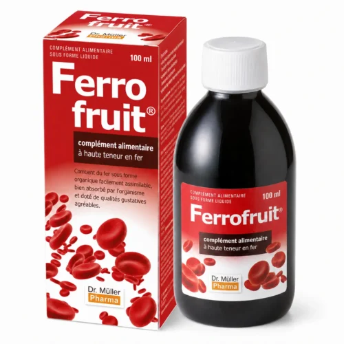 Accueil Ferrofruit Dr. Müller Pharma, complément alimentaire fer liquide avec boîte et flacon 100 ml