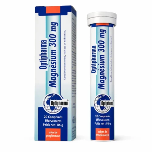 Optipharma Magnésium 300 mg, complément alimentaire en comprimés effervescents arôme pamplemousse, présenté avec sa boîte et son tube.