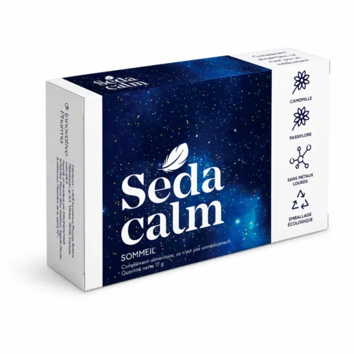 Boîte SedaCalm, complément alimentaire pour le sommeil à base de plantes et de mélatonine.