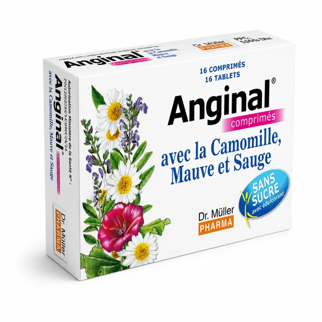 Anginal comprimés Dr. Müller Pharma, boîte de 16 comprimés à sucer sans sucre avec camomille, mauve et sauge.