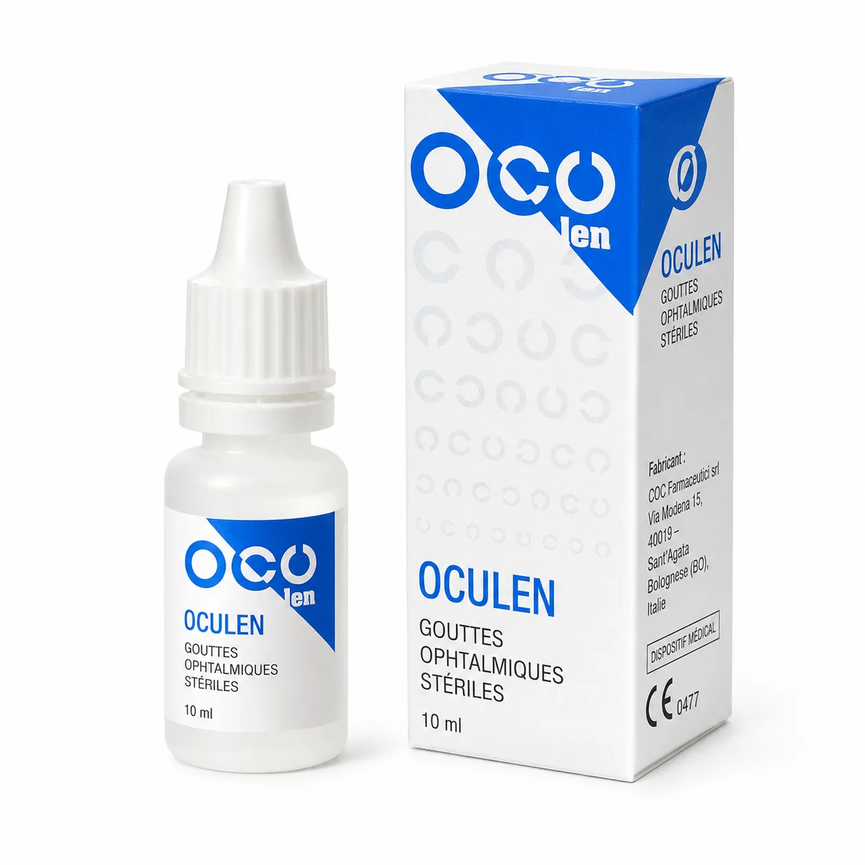 COC OCULEN - gouttes pour les yeux OCULEN gouttes ophtalmiques stériles 10 ml avec flacon et boîte sur fond blanc