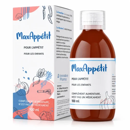 MaxAppétit sirop appétit enfant 100 ml avec flacon et boîte sur fond blanc, complément alimentaire pour enfants.