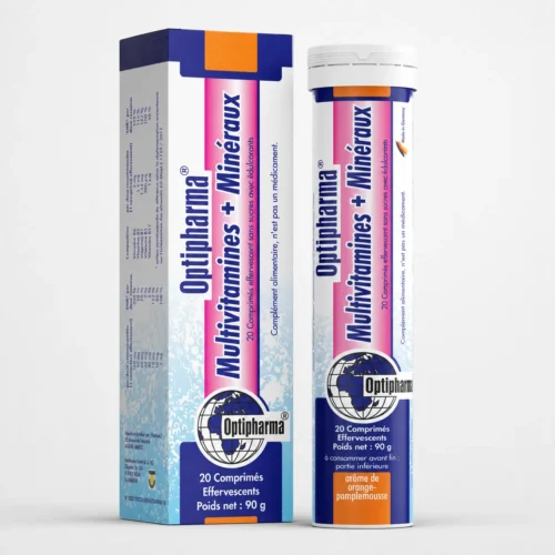 Accueil Optipharma Multivitamines + Minéraux en comprimés effervescents, boîte et tube présentés sur fond clair.