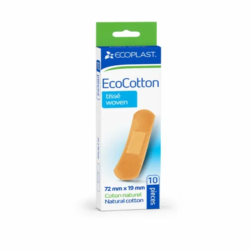 Accueil ECOPLAST EcoCotton, pansement hypoallergénique tissé en coton naturel, boîte de 10 pièces format 72 x 19 mm.