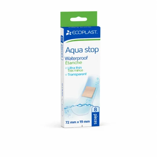 Boîte ECOPLAST Aqua Stop, pansements imperméables transparents 72 mm x 19 mm, format 8 pièces.