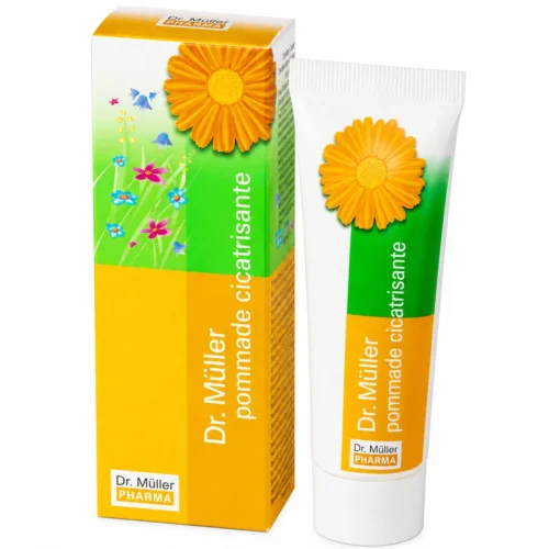 Pommade cicatrisante Dr. Müller Pharma au calendula avec son tube et son étui, soin pour peau fragilisée.