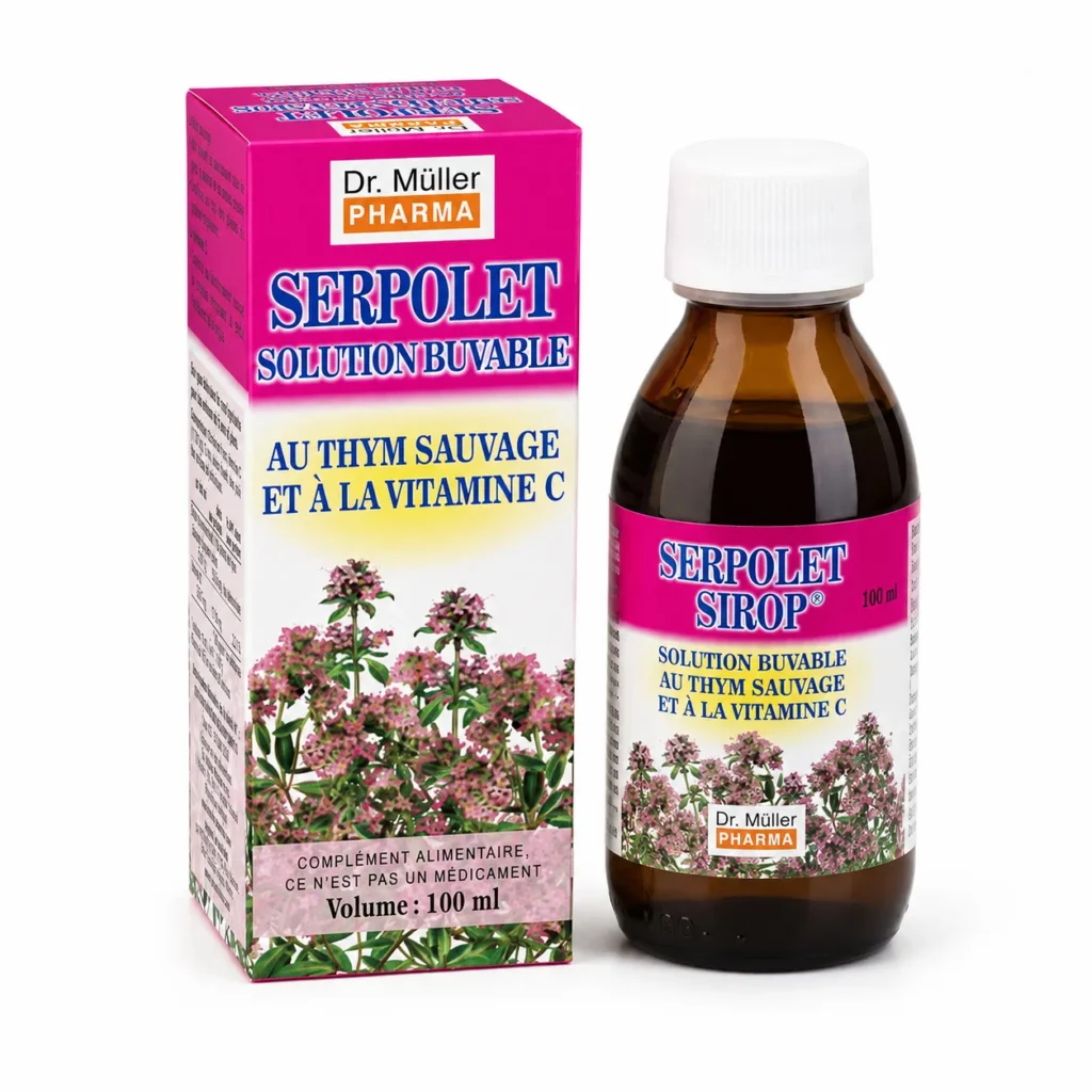 Photo produit SERPOLET Dr. Müller Pharma 100 ml avec boîte et flacon, solution buvable au thym sauvage et à la vitamine C.