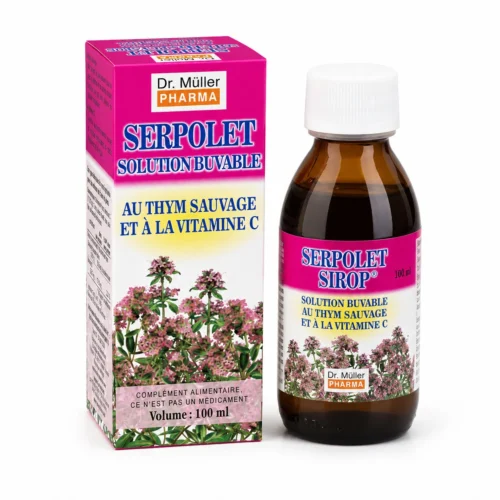 Accueil Photo produit SERPOLET Dr. Müller Pharma 100 ml avec boîte et flacon, solution buvable au thym sauvage et à la vitamine C.
