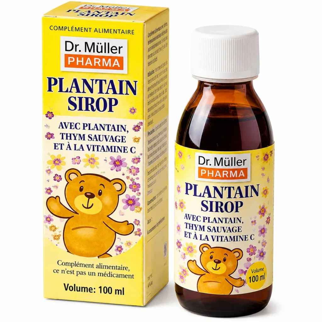 Photo produit Dr. Müller Pharma Plantain Sirop 100 ml avec boîte et flacon, à base de plantain, thym sauvage et vitamine C.