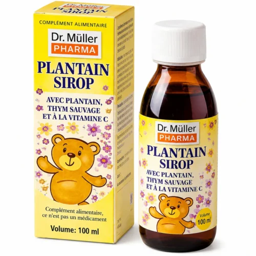 Accueil Photo produit Dr. Müller Pharma Plantain Sirop 100 ml avec boîte et flacon, à base de plantain, thym sauvage et vitamine C.
