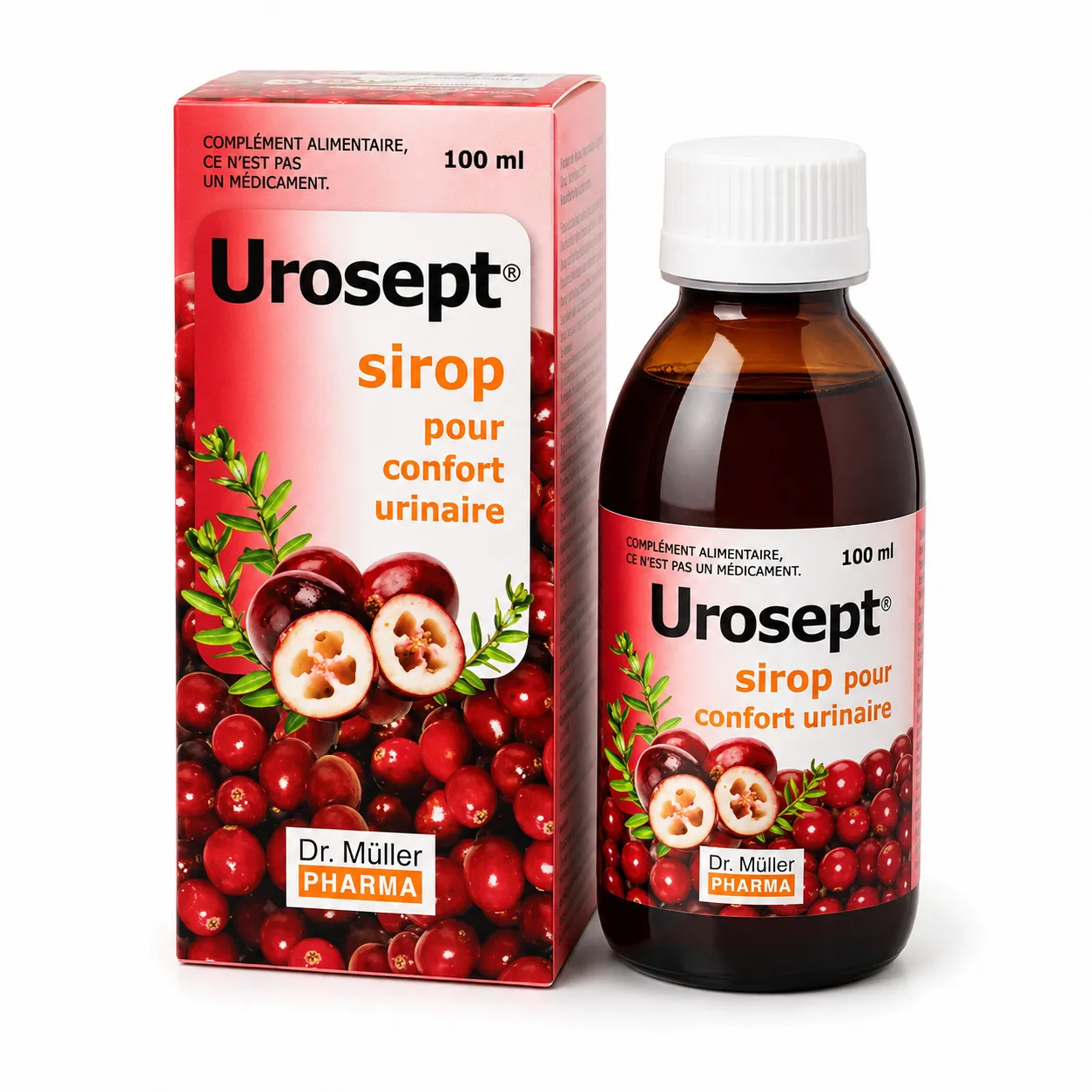 UROSEPT Sirop – Confort Urinaire Canneberge Urosept sirop pour confort urinaire 100 ml Dr. Müller Pharma avec boîte et flacon, complément alimentaire à base de cranberry.