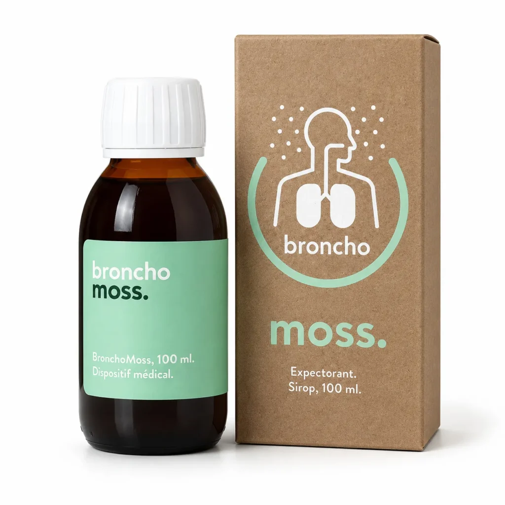 Broncho Moss sirop expectorant 100 ml avec flacon et boîte, dispositif médical pour le confort respiratoire.