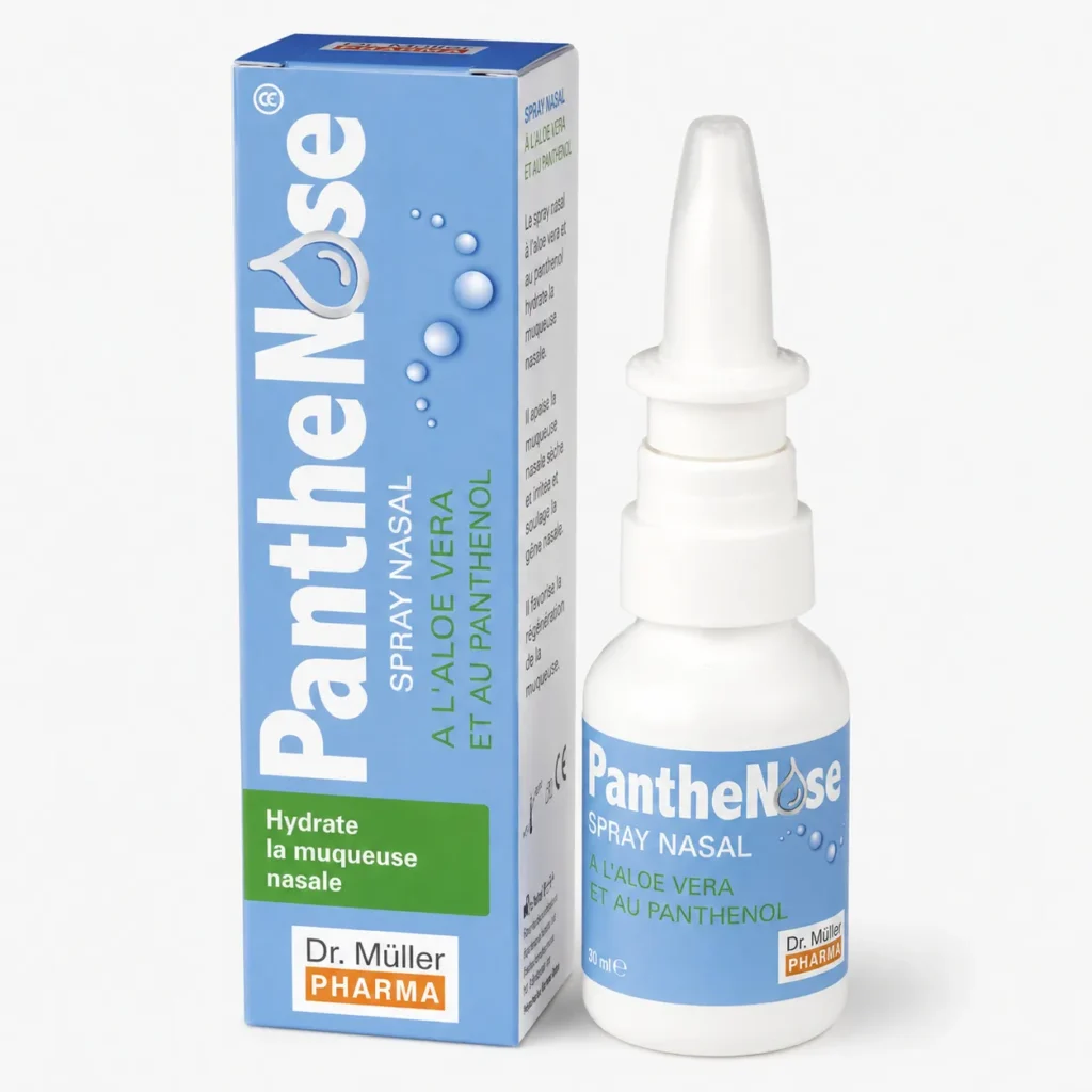 Boîte et flacon PantheNose spray nasal Dr. Müller Pharma à l’Aloe Vera et au panthénol.