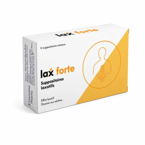 Accueil LaxForte suppositoires laxatifs pour adultes, boîte de 6 suppositoires rectaux sur fond blanc.