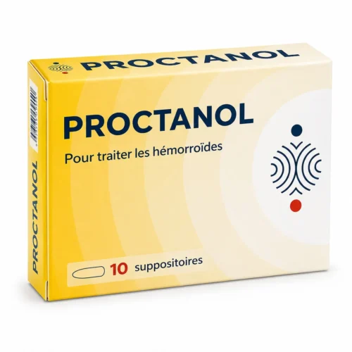 Accueil Boîte PROCTANOL suppositoires pour traiter les hémorroïdes, format 10 suppositoires, sur fond blanc.