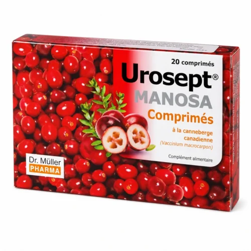 Accueil Urosept Manosa comprimés Dr. Müller Pharma à la canneberge canadienne, complément alimentaire pour le confort urinaire, boîte de 20 comprimés.
