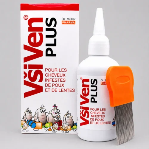VSIVEN PLUS lotion anti poux avec flacon, boîte et peigne métallique sur fond gris