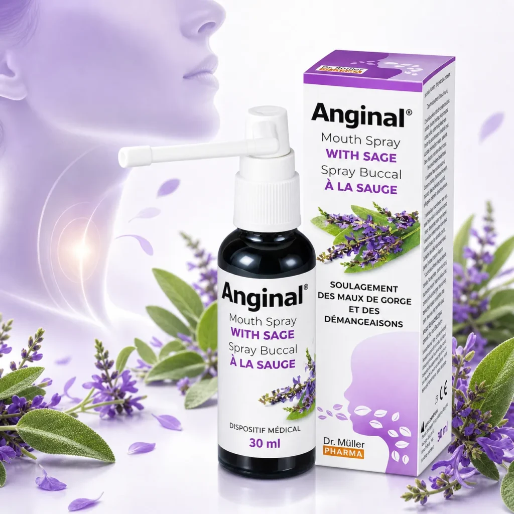 Anginal spray buccal à la sauge pour le confort de la gorge avec flacon, boîte et feuilles de sauge