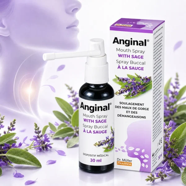 Gorge qui gratte : comment retrouver du confort ? Anginal spray buccal à la sauge pour le confort de la gorge avec flacon, boîte et feuilles de sauge