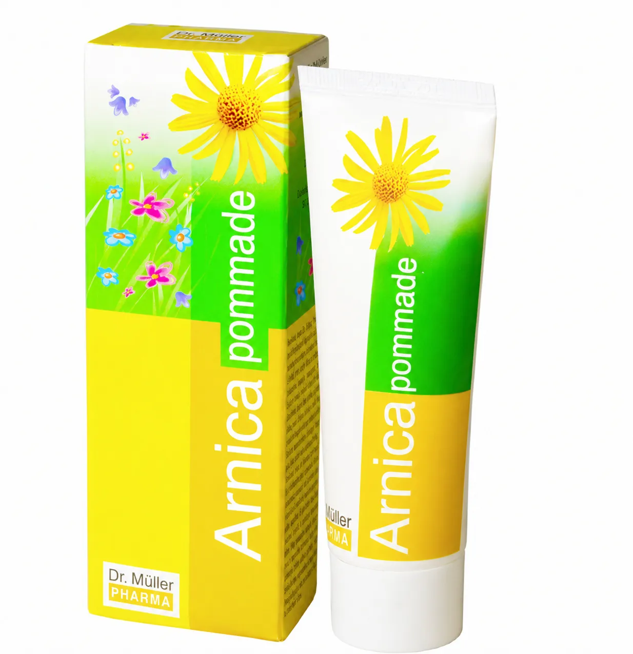 Tube et étui d’arnica pommade Dr Müller Pharma, soin local pour bleus, bosses et inconforts musculaire