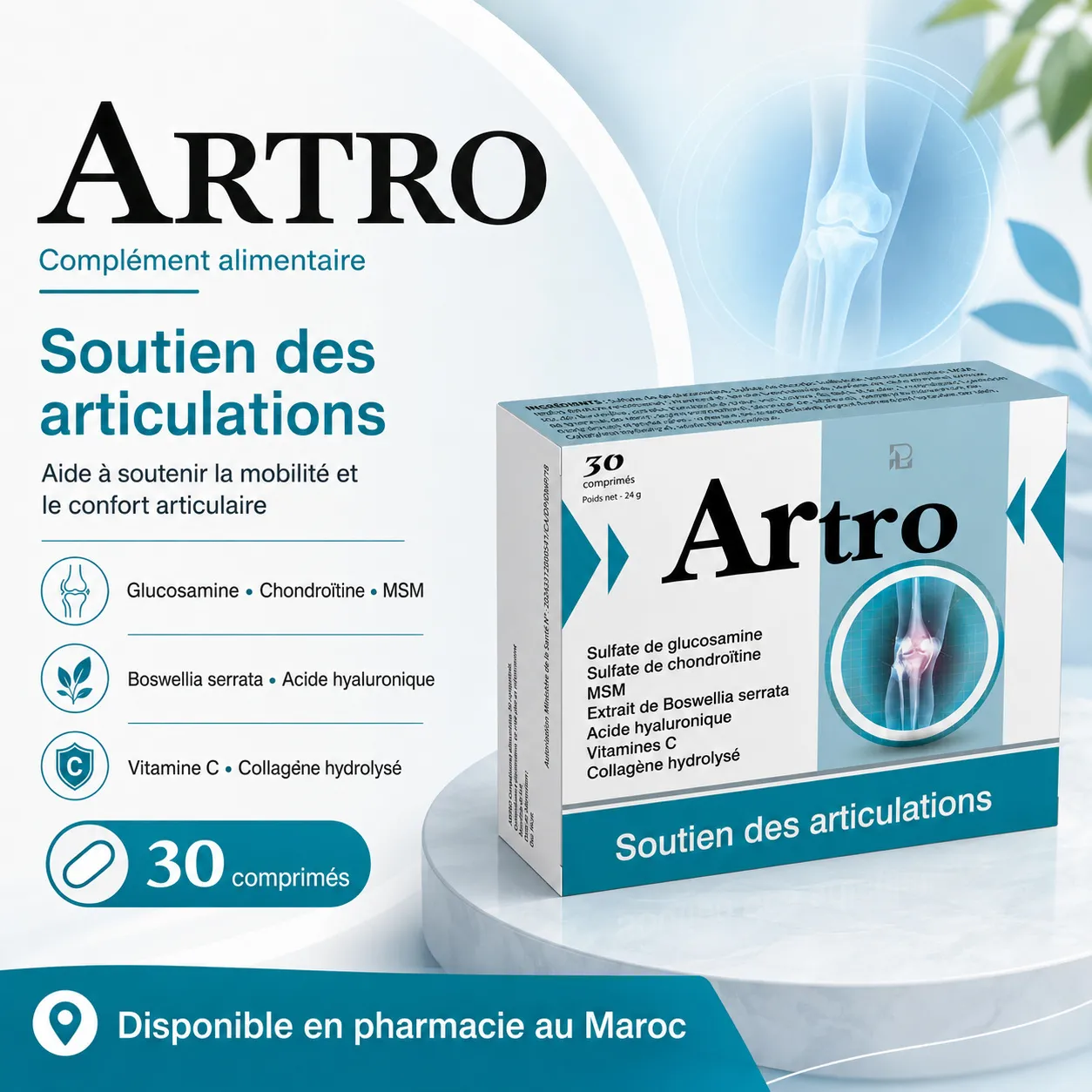 ARTRO Comprimés pour les articulations Visuel promotionnel ARTRO soutien des articulations, complément alimentaire 30 comprimés avec actifs clés pour la mobilité et le confort articulaire, disponible en pharmacie au Maroc.