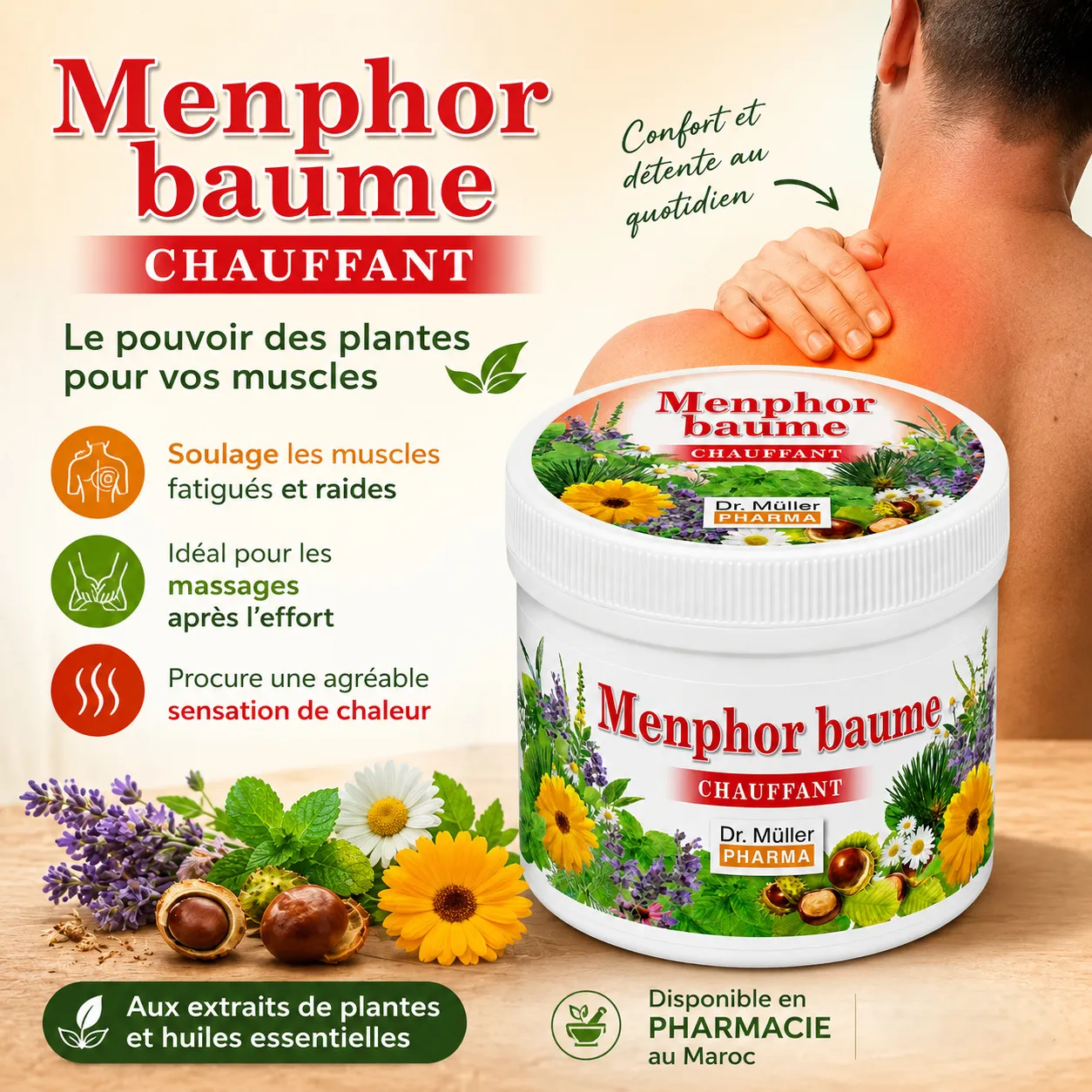 Menphor Chauffant Baume Menphor baume chauffant pour muscles fatigués et raides, idéal pour les massages après l’effort et disponible en pharmacie au Maroc.