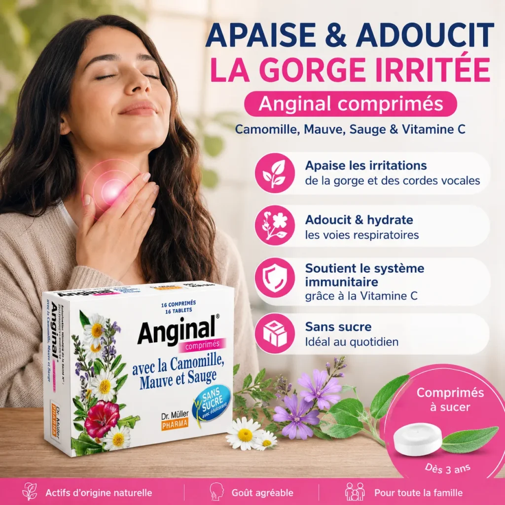 Anginal comprimés pour gorge irritée avec camomille, mauve, sauge et vitamine C, comprimés à sucer dès 3 ans.