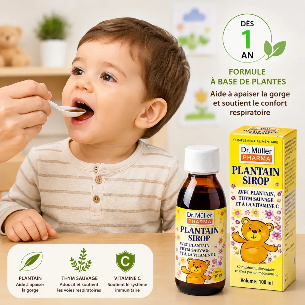 Enfant dès 1 an prenant Plantain Sirop Dr. Müller Pharma, formule à base de plantes pour le confort de la gorge.