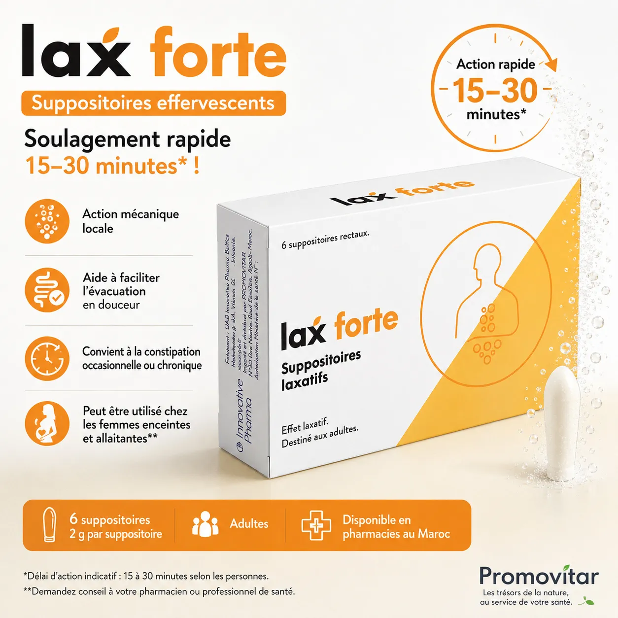 LAXFORTE SUPPOSITOIRES effervescents constipation Infographie LaxForte suppositoires effervescents pour constipation, action mécanique locale en 15 à 30 minutes.