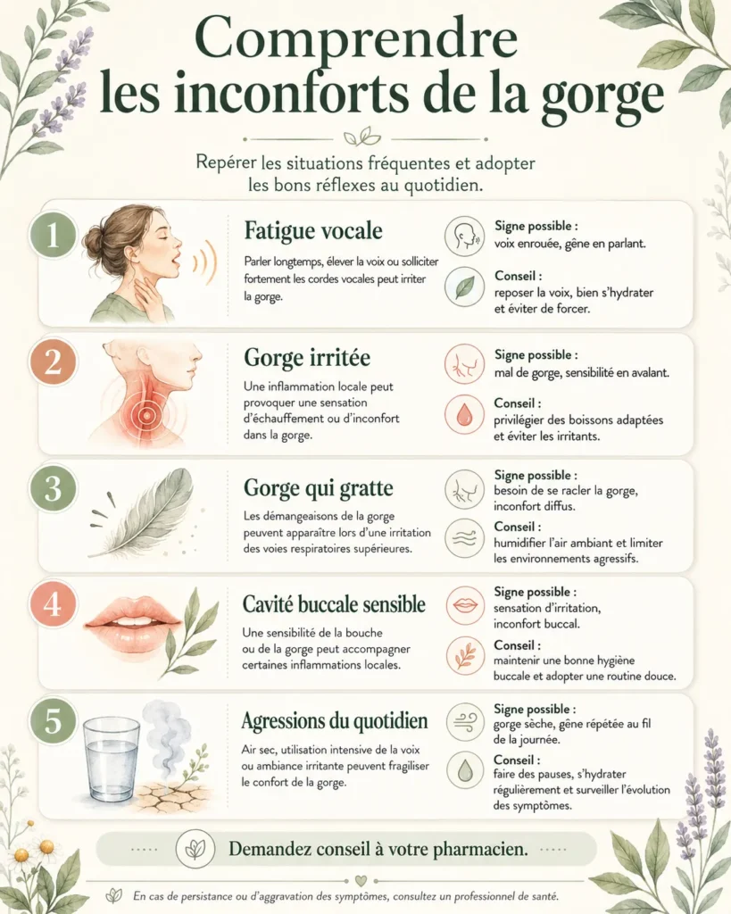 Infographie sur les inconforts de la gorge, fatigue vocale, gorge irritée et cavité buccale sensible