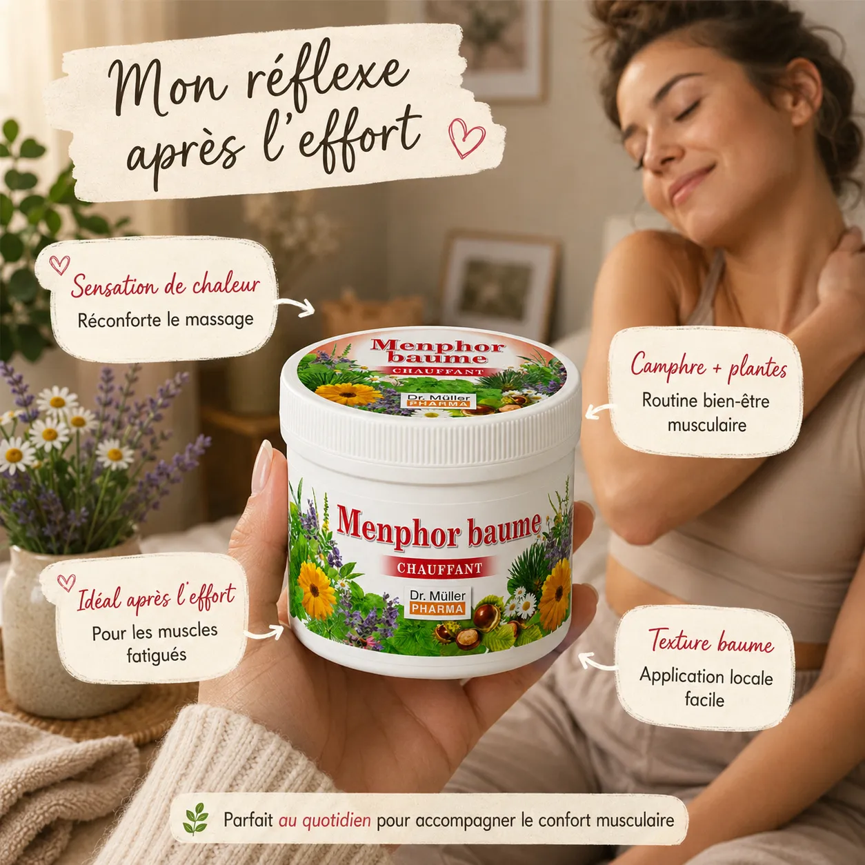 Menphor Chauffant Baume Menphor baume chauffant, soin de massage après l’effort avec sensation de chaleur, camphre, plantes et texture baume facile à appliquer.