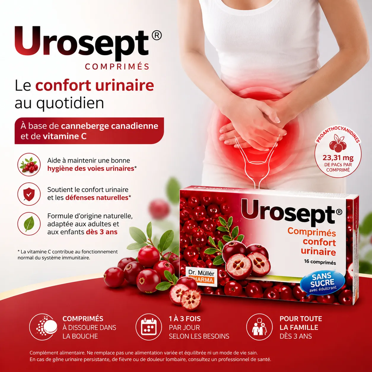 UROSEPT COMPRIMES Confort Urinaire Canneberge Urosept Comprimés confort urinaire à base de canneberge canadienne et vitamine C, avec 23,31 mg de PACs par comprimé.