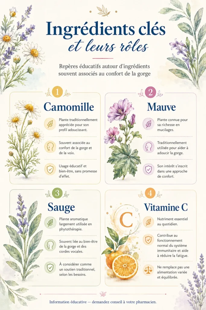 Ingrédients clés d’Anginal comprimés : camomille, mauve, sauge et vitamine C pour le confort de la gorge.