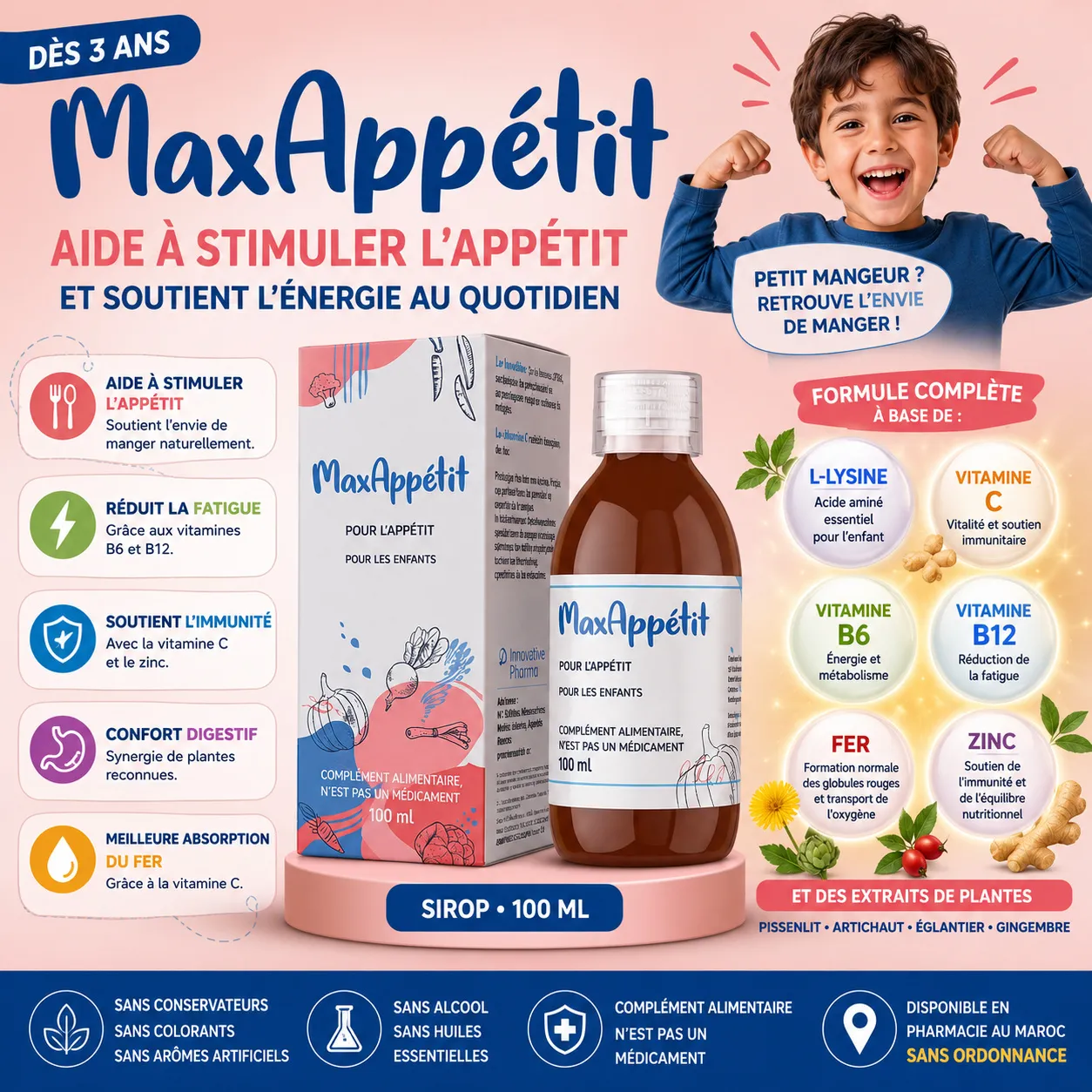 MaxAppétit – sirop manque d'appétit enfant MaxAppétit sirop appétit enfant dès 3 ans, formule avec L-lysine, vitamines C, B6, B12, fer et zinc.