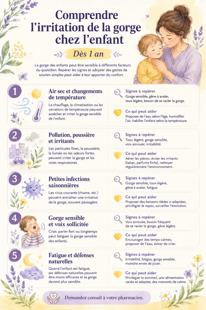 Infographie sur les causes fréquentes de l’irritation de la gorge chez l’enfant dès 1 an et gestes de soutien.