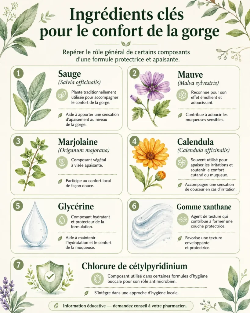 Ingrédients clés Anginal spray pour le confort de la gorge : sauge, mauve, calendula et glycérine