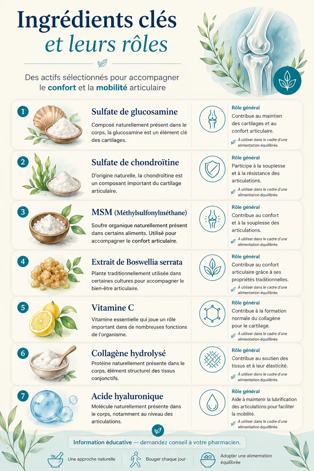 ARTRO Comprimés pour les articulations Infographie éducative sur les ingrédients clés pour les articulations : glucosamine, chondroïtine, MSM, Boswellia serrata, vitamine C, collagène hydrolysé et acide hyaluronique.