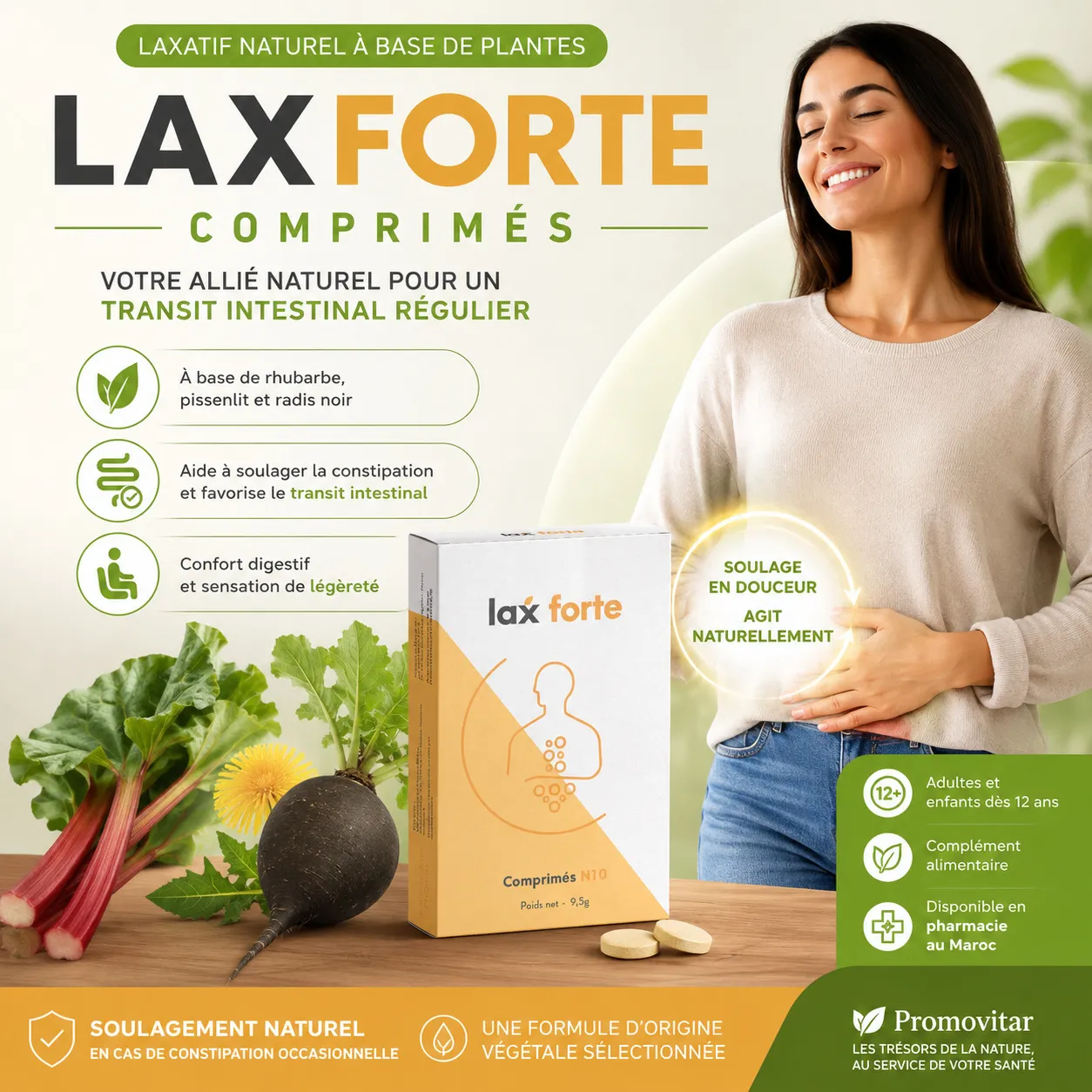 LAXFORTE Comprimés - laxatif naturel Visuel promotionnel LAXFORTE Comprimés, laxatif naturel à base de plantes pour soutenir le transit intestinal régulier chez l’adulte et l’enfant dès 12 ans.