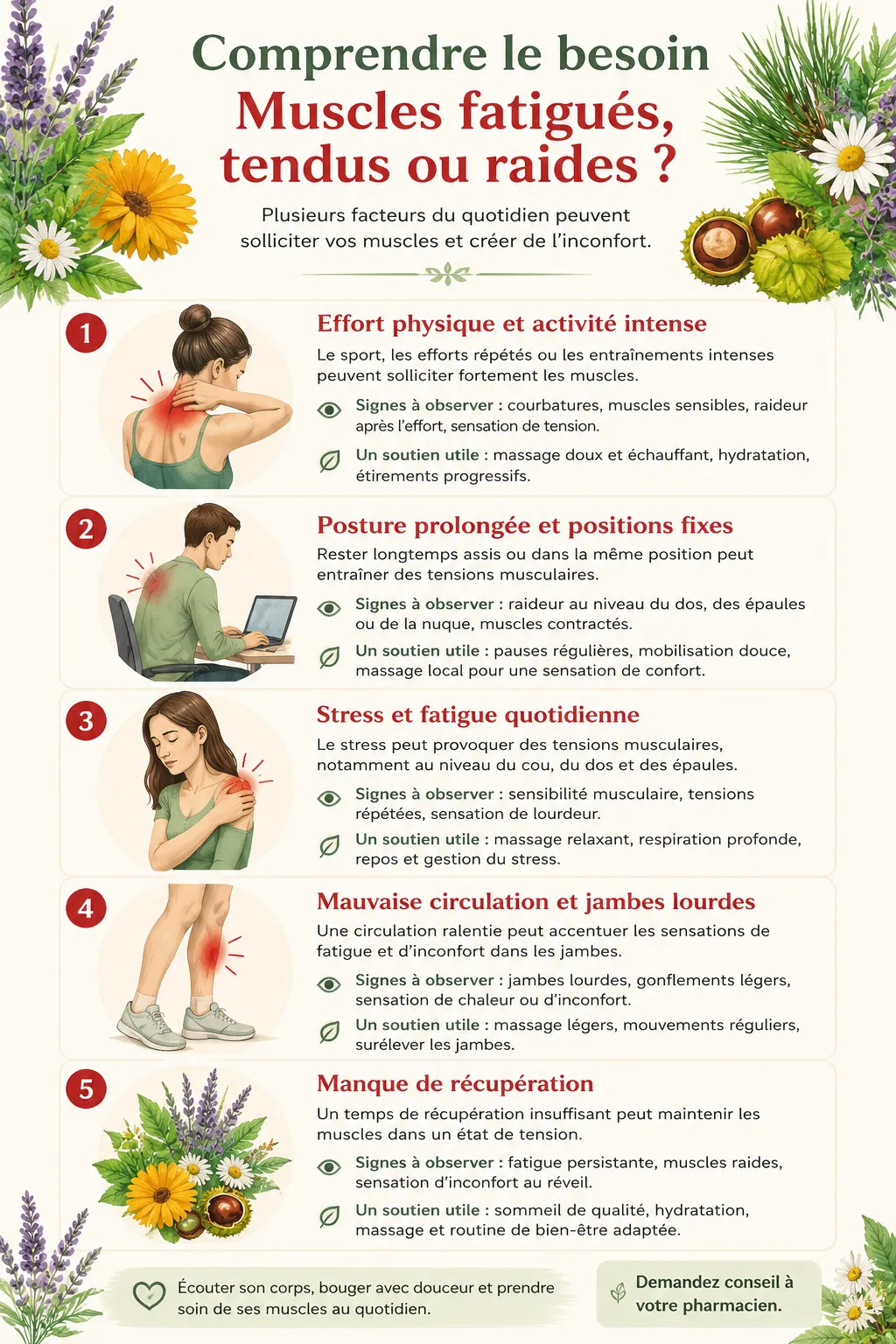 Menphor Chauffant Baume Infographie sur les causes des muscles fatigués, tendus ou raides et les gestes de confort musculaire au quotidien.