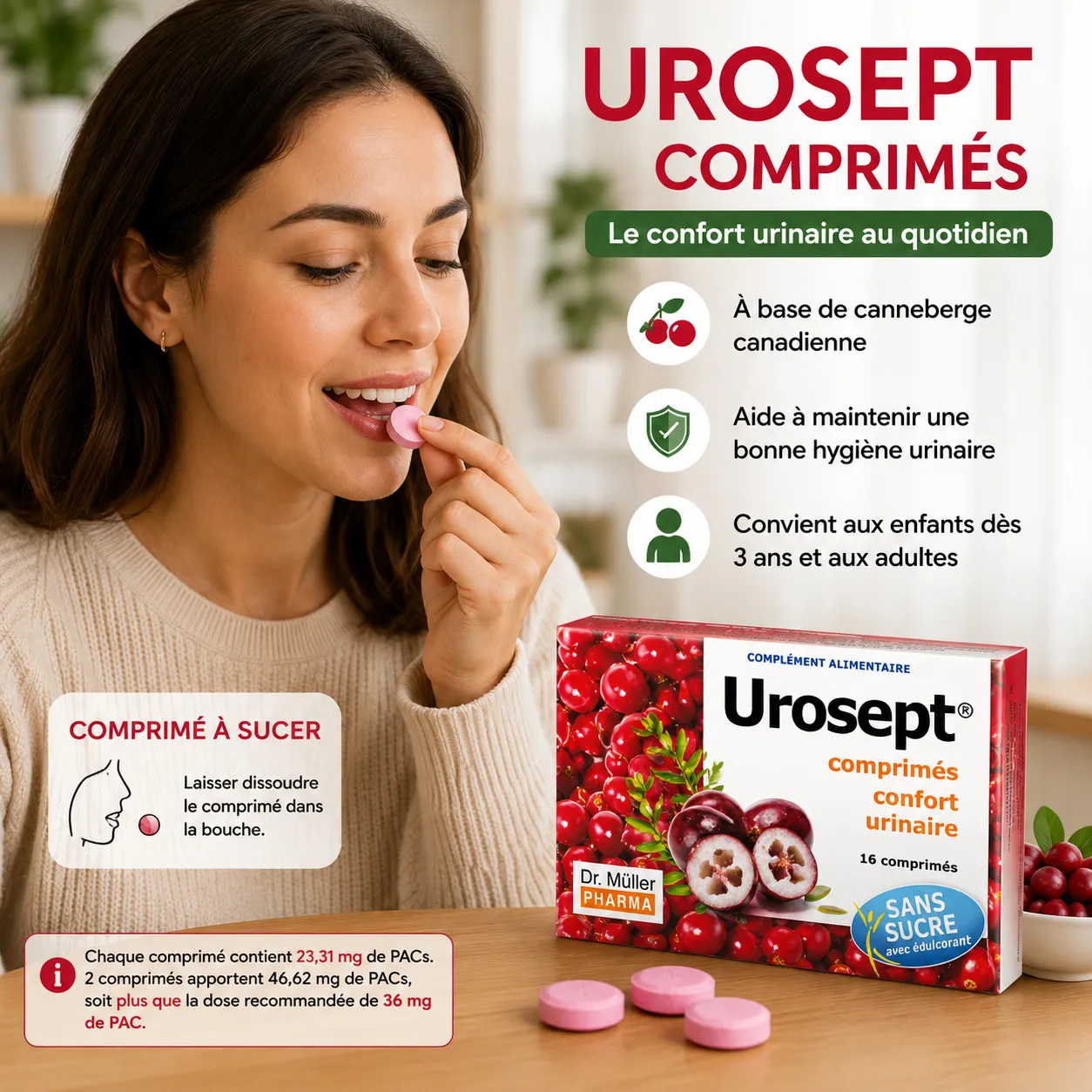 UROSEPT COMPRIMES Confort Urinaire Canneberge Urosept Comprimés à sucer pour le confort urinaire, à base de canneberge canadienne, adapté aux adultes et enfants dès 3 ans.