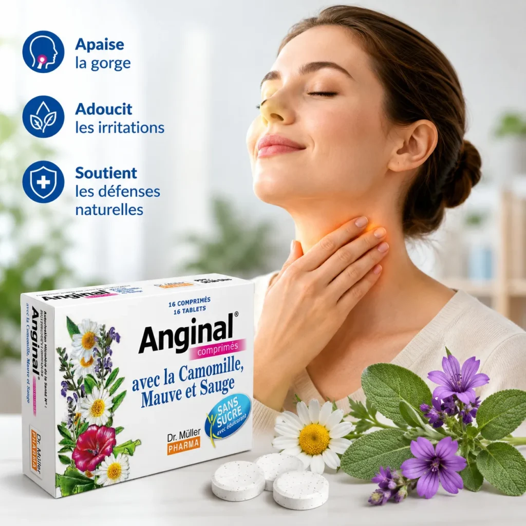 Anginal comprimés sans sucre avec camomille, mauve et sauge, pour aider à apaiser la gorge et les irritations.